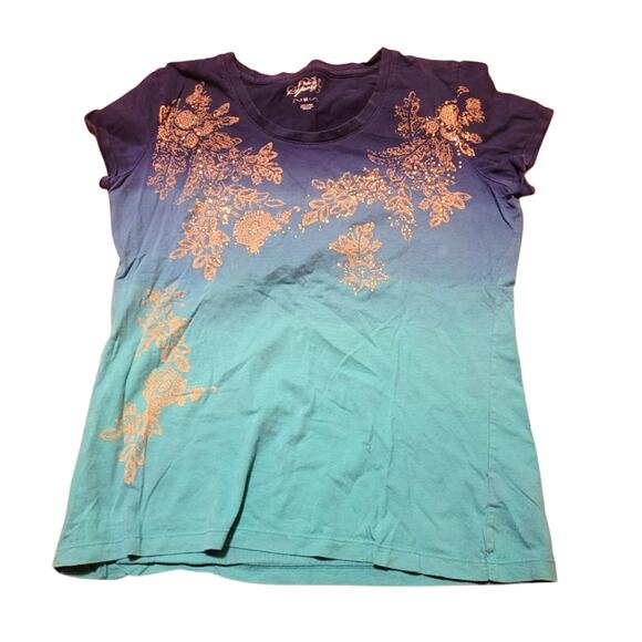 Vtg Y2K Sparkly Floral Blue Ombre Shirt Top Size M Boho Spring Summer Cottage - Picture 1 of 6
